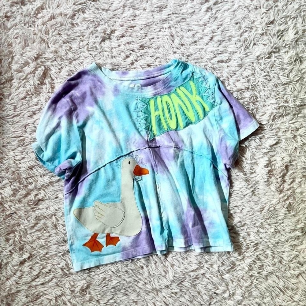 Goose Weird Core Reworked Upcycled Patchwork Handmade Crop Top Womens M Oversize